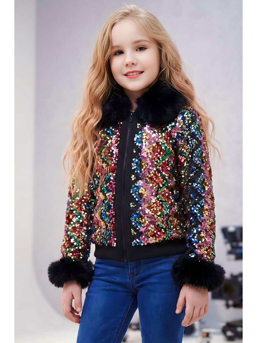 Kız Çocuk Pullu Zikzak Desenli Kürklü Ceket ve Jean Pantolon Siyah Alt Üst Takım-2