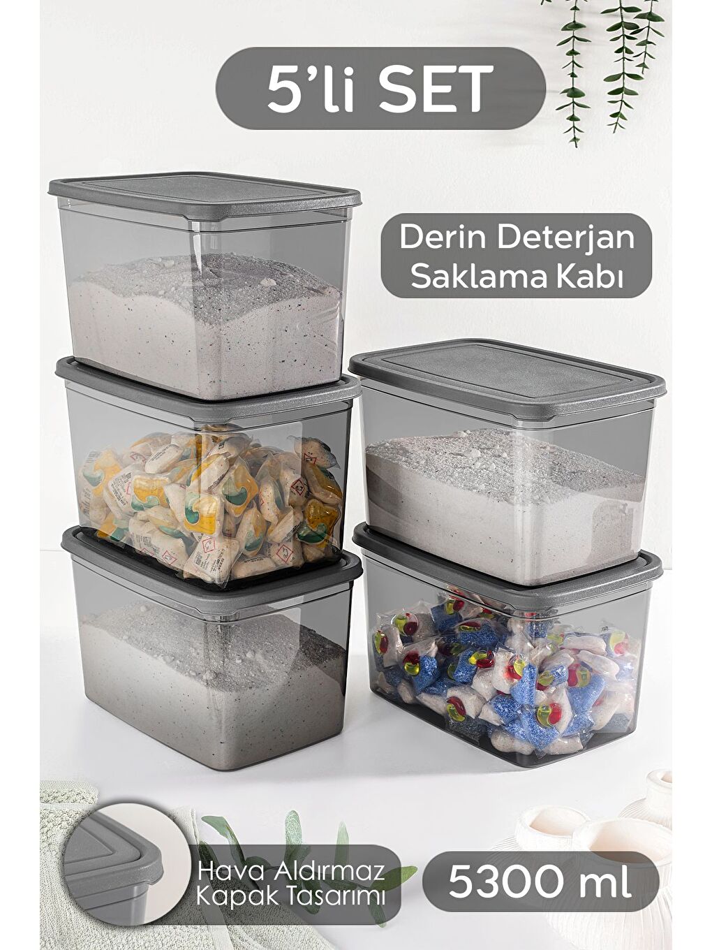 5 li Mega Boy Deterjan Saklama Kutusu   Dikdörtgen Toz Tablet Deterjan Kutusu Antrasit