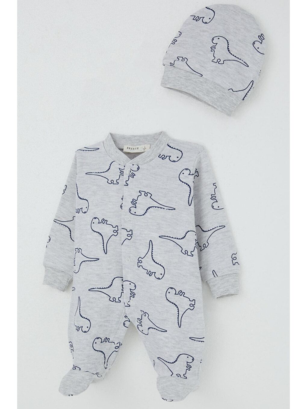 Erkek Bebek Patikli Tulum Sevimli Dinozor Desenli Açık Gri Melanj (0-6 Ay)-2