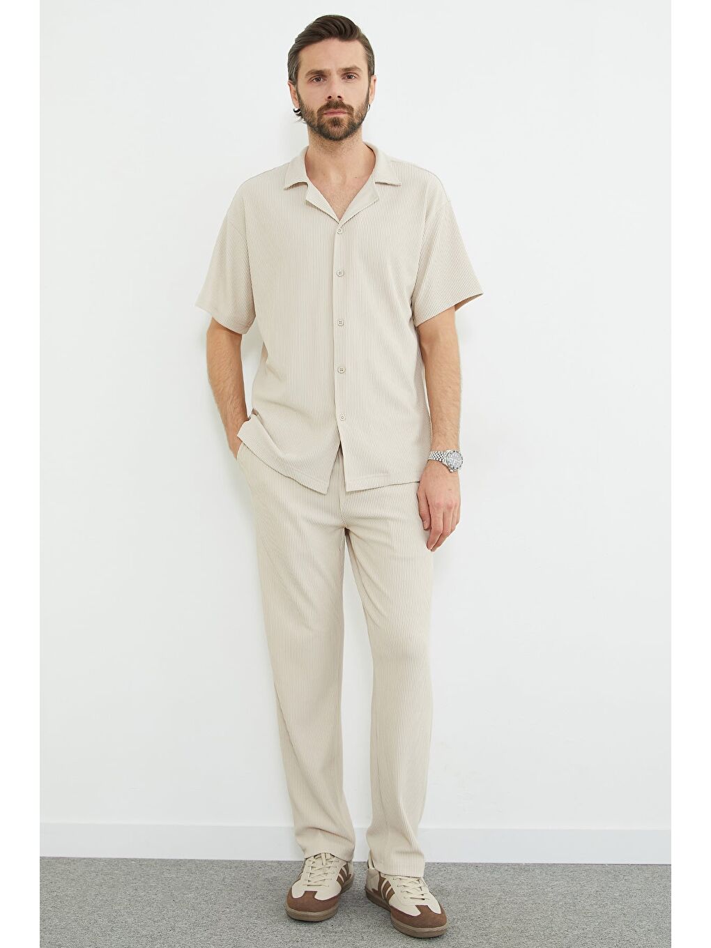 Bej Beli Lastikli Fitilli Cepli Pantolon