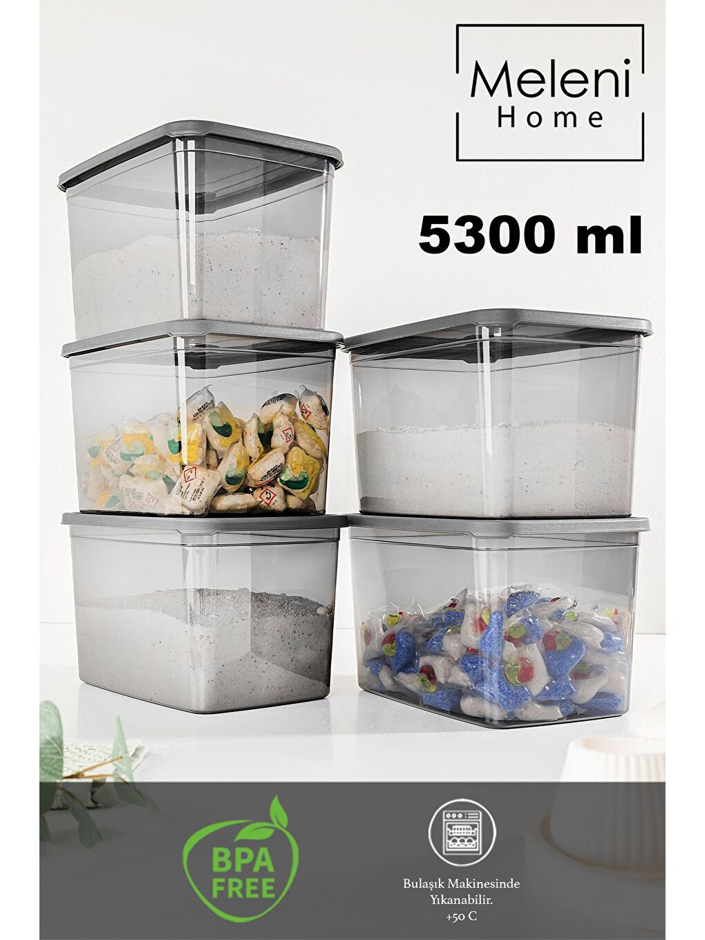 5 li Mega Boy Deterjan Saklama Kutusu   Dikdörtgen Toz Tablet Deterjan Kutusu Antrasit-1