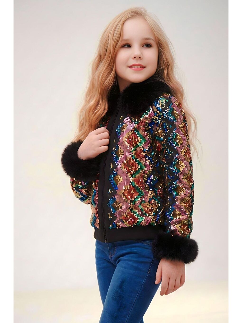 Kız Çocuk Pullu Zikzak Desenli Kürklü Ceket ve Jean Pantolon Siyah Alt Üst Takım-3