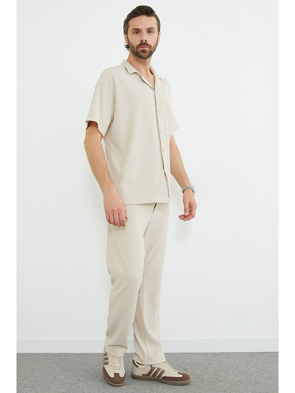 Bej Beli Lastikli Fitilli Cepli Pantolon-1