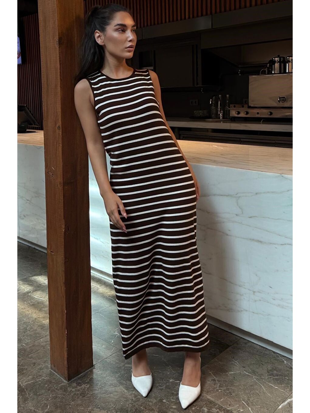 Kahverengi Bisiklet Yaka Çizgili Günlük Elbise Mg2803-5