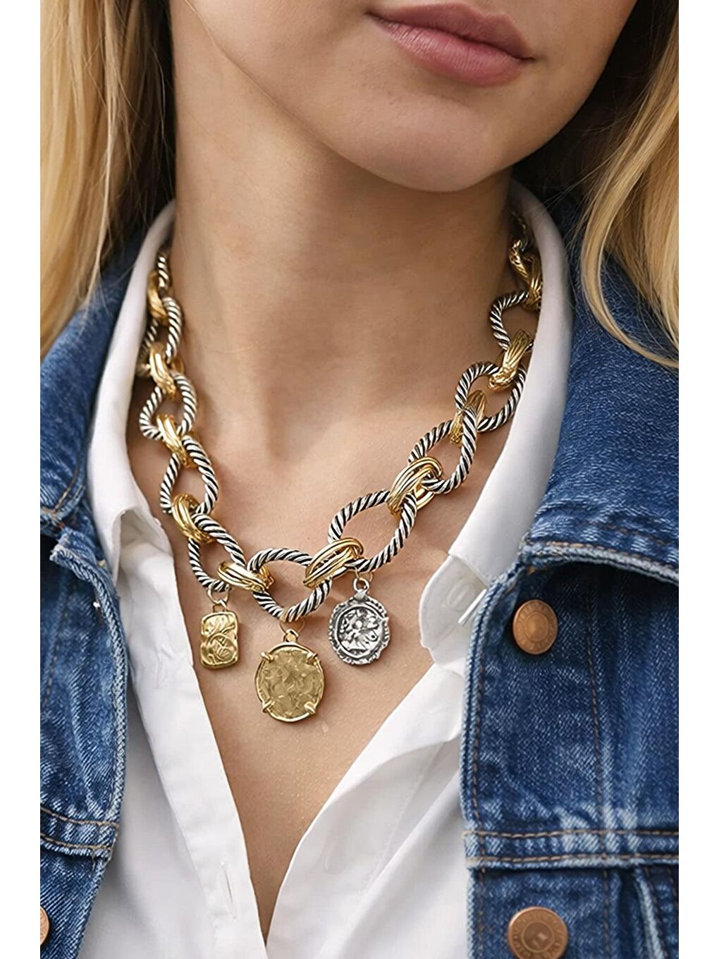 Sarı Gold ve Silver Karışık Madalyon Kolye-1