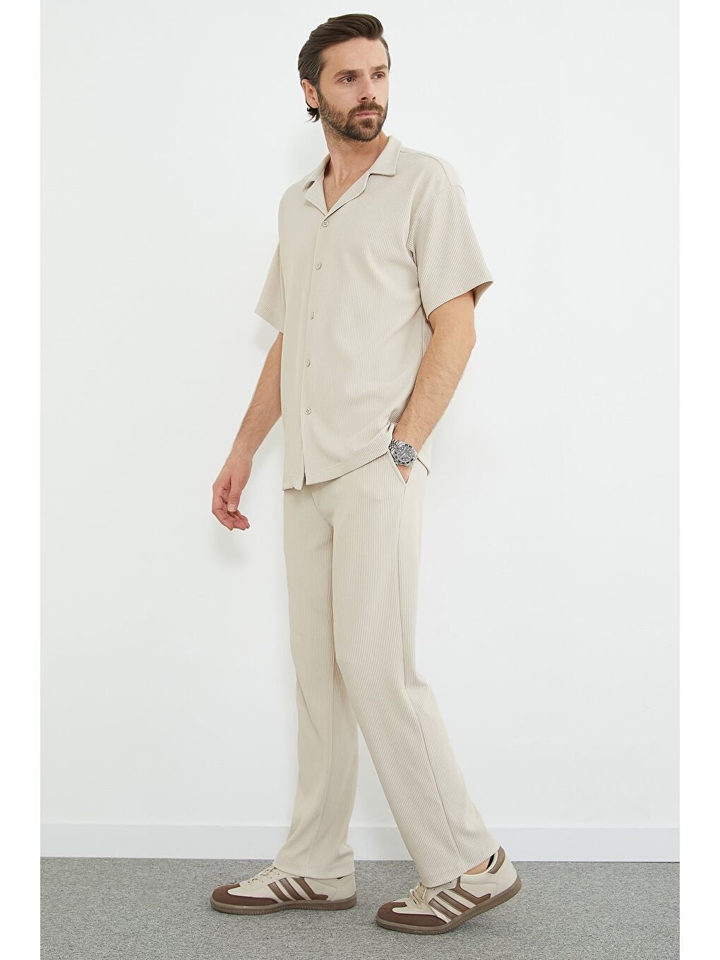 Bej Beli Lastikli Fitilli Cepli Pantolon-2