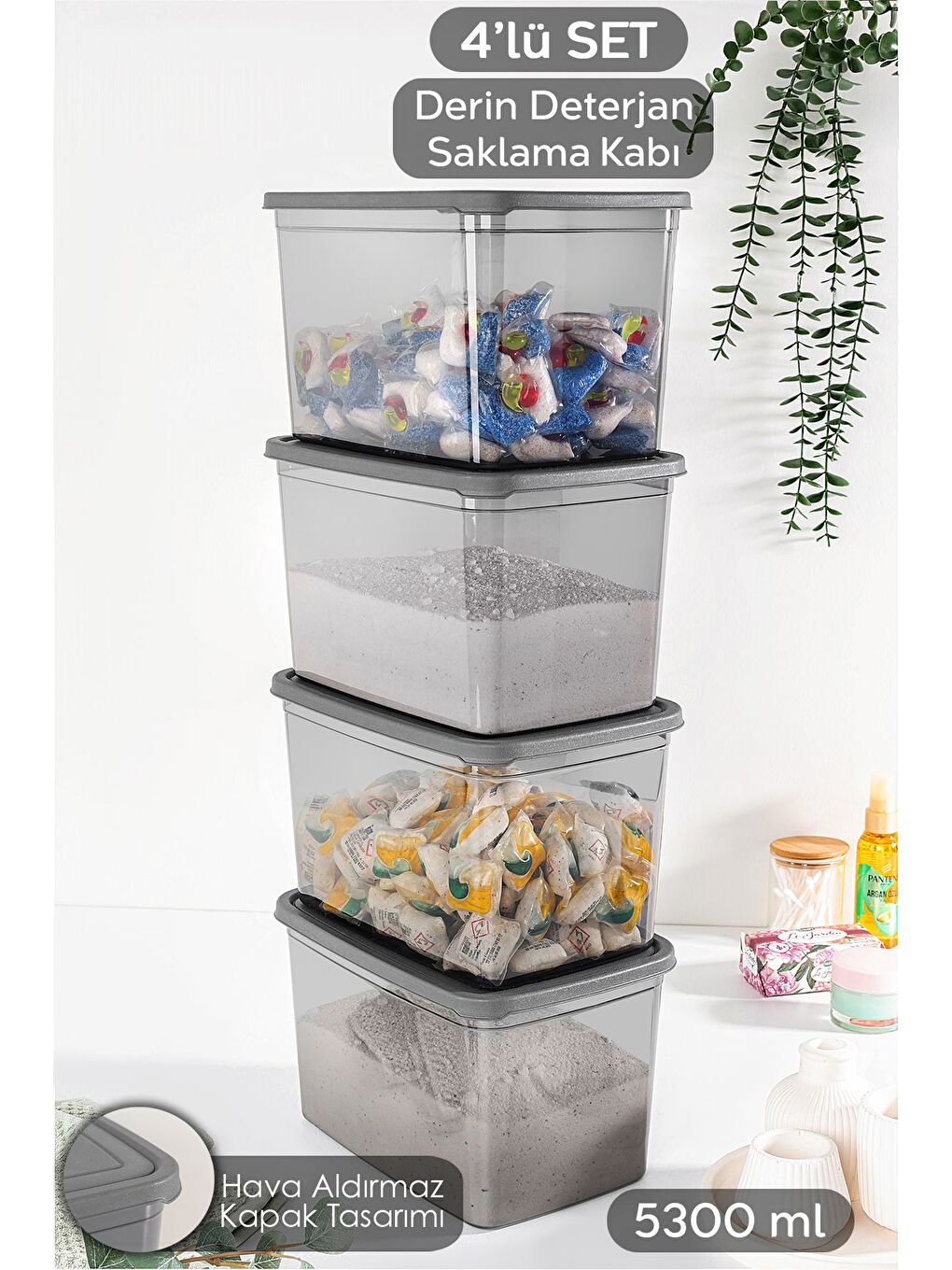 4 lü Mega Boy Deterjan Saklama Kutusu   Dikdörtgen Toz Tablet Deterjan Kutusu Antrasit