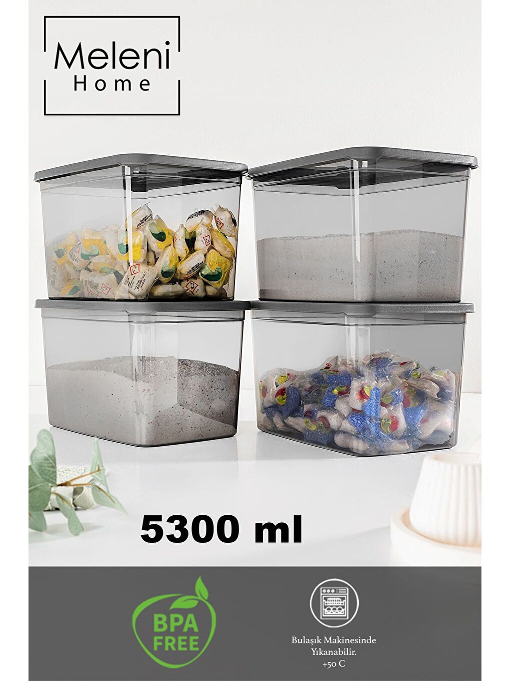 4 lü Mega Boy Deterjan Saklama Kutusu   Dikdörtgen Toz Tablet Deterjan Kutusu Antrasit-1