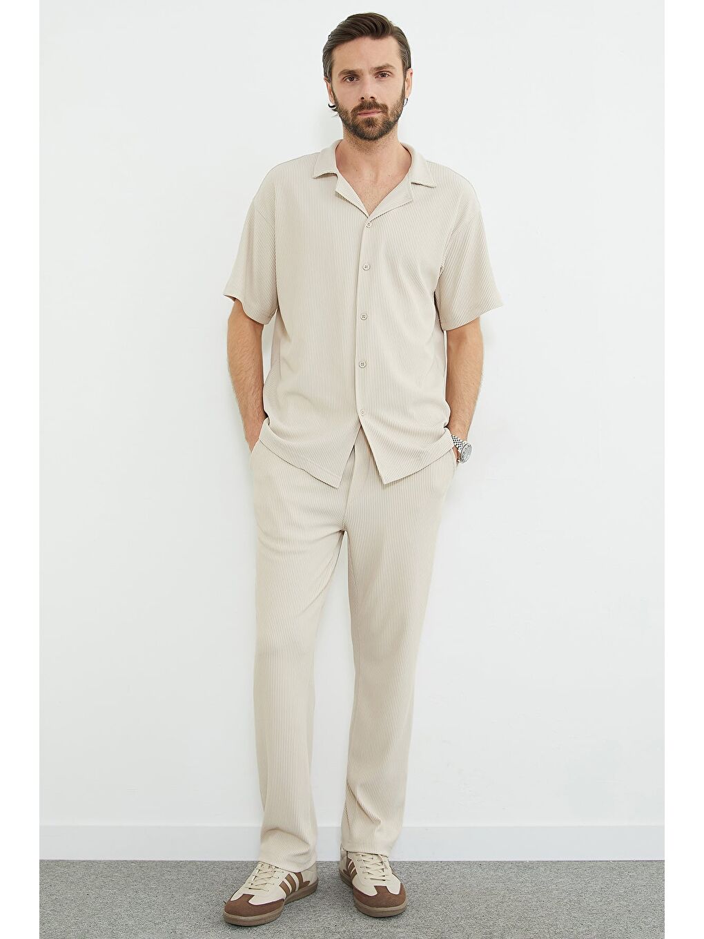 Bej Beli Lastikli Fitilli Cepli Pantolon-3