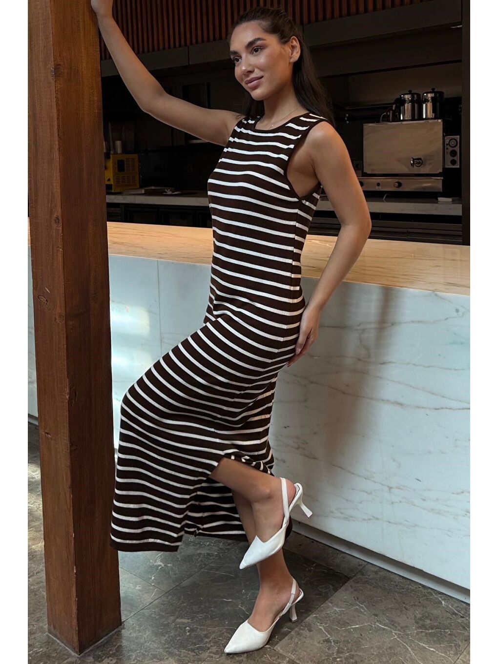 Kahverengi Bisiklet Yaka Çizgili Günlük Elbise Mg2803-6