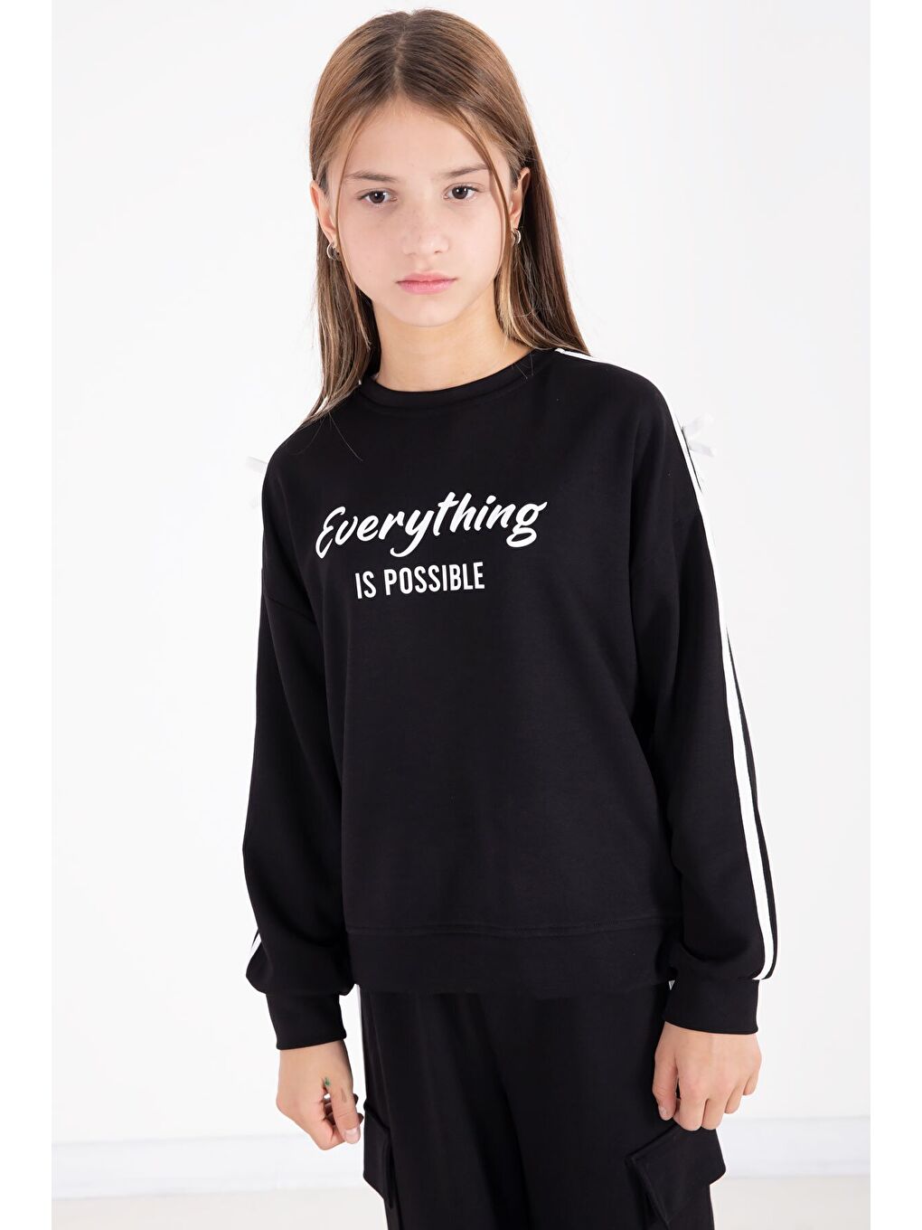 Siyah Yazı Baskılı Şeritli Kız Çocuk Alt Üst Takım 22770-1