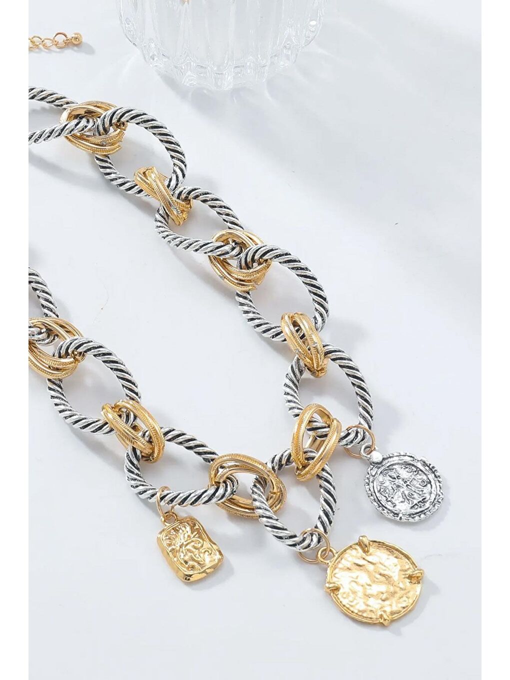 Sarı Gold ve Silver Karışık Madalyon Kolye-2