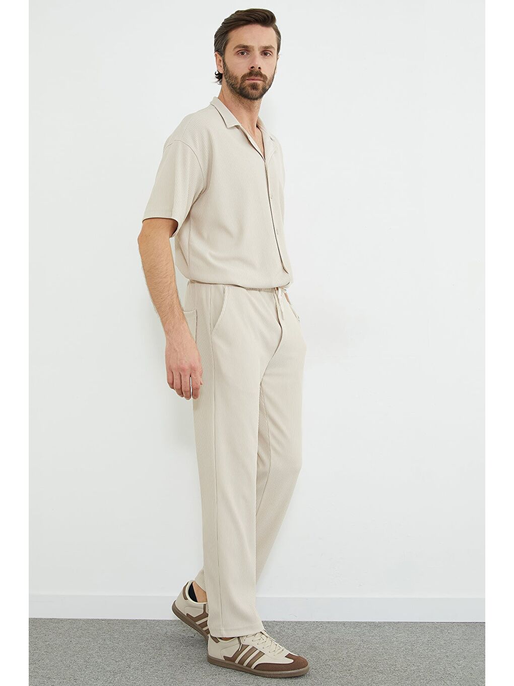 Bej Beli Lastikli Fitilli Cepli Pantolon-4