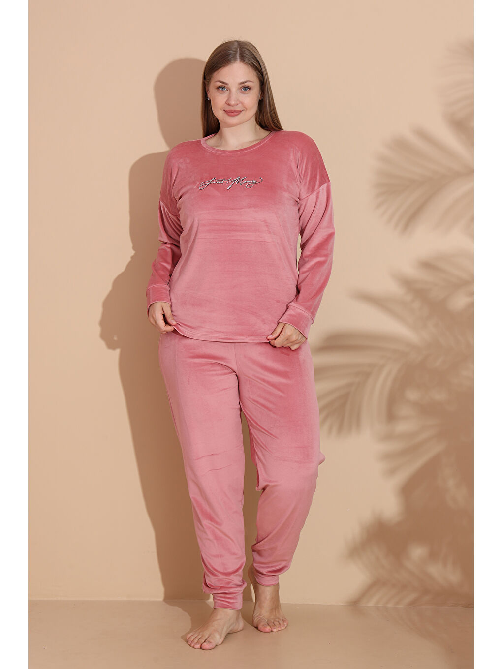Büyük Beden Kadın Kadife Pijama Takımı 25396 Pembe-2