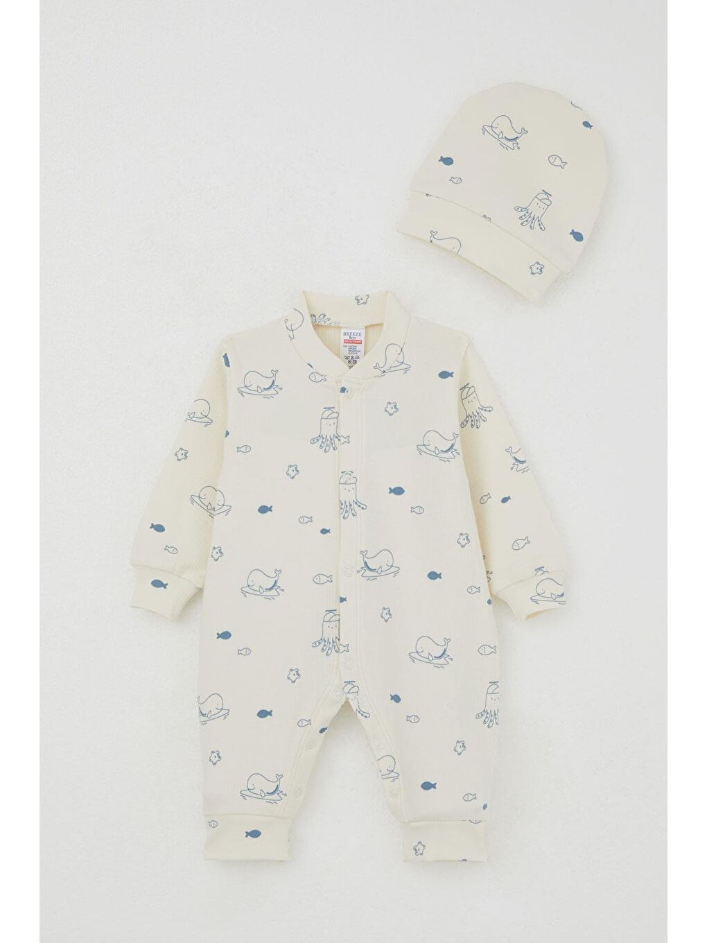Ekru Erkek Bebek Tulum Sevimli Deniz Hayvanları Desenli Krem (0-6 Ay)