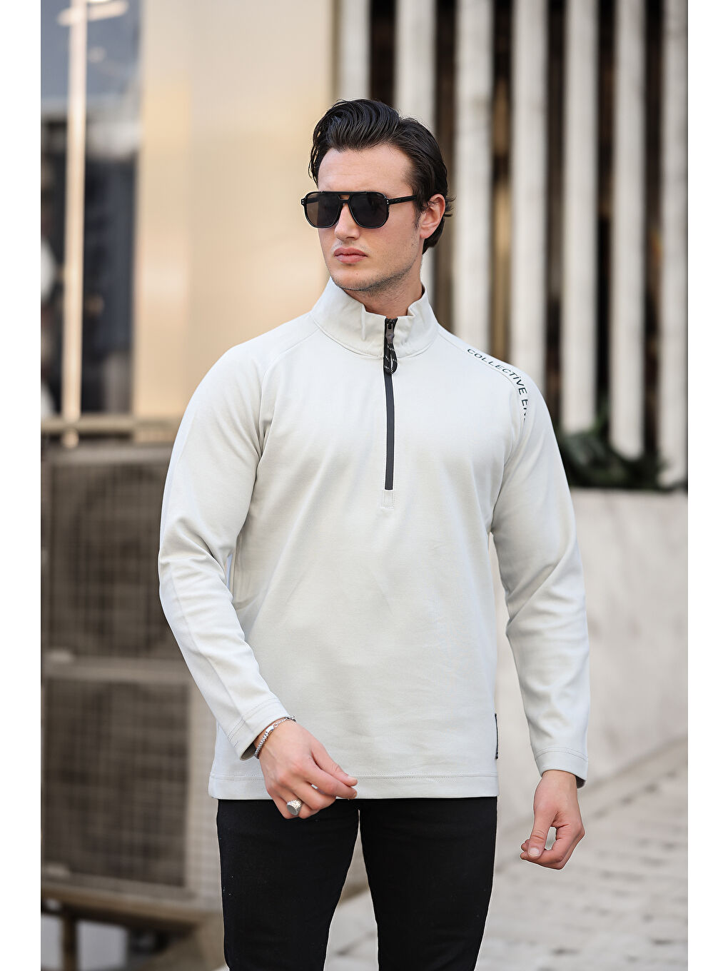 comstar Gri Erkek Yarım Fermuarlı Baskılı  Sweatshirt - 2