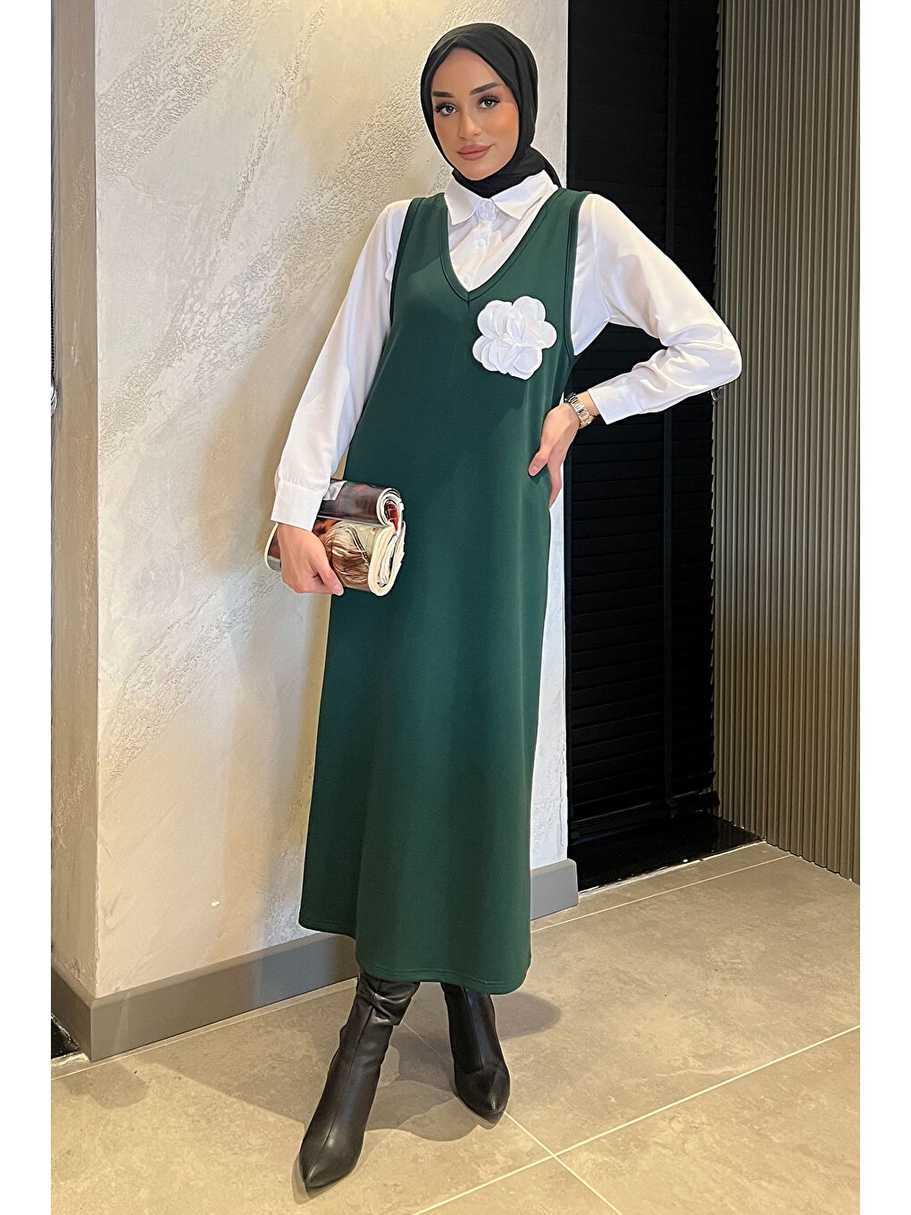 Yeşil Kadın Tesettür Gömlek Jile Kombin Elbise-1