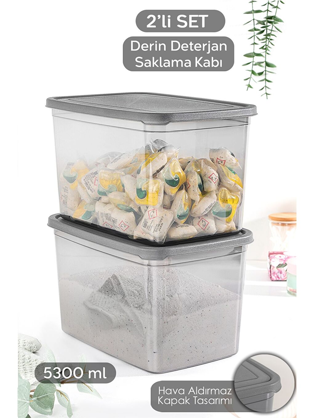 2 li Mega Boy Deterjan Saklama Kutusu   Dikdörtgen Toz Tablet Deterjan Kutusu Antrasit