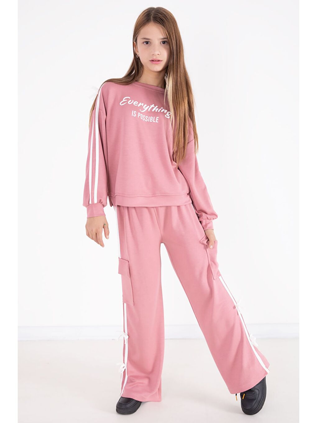 Pembe Yazı Baskılı Şeritli Kız Çocuk Alt Üst Takım 22771