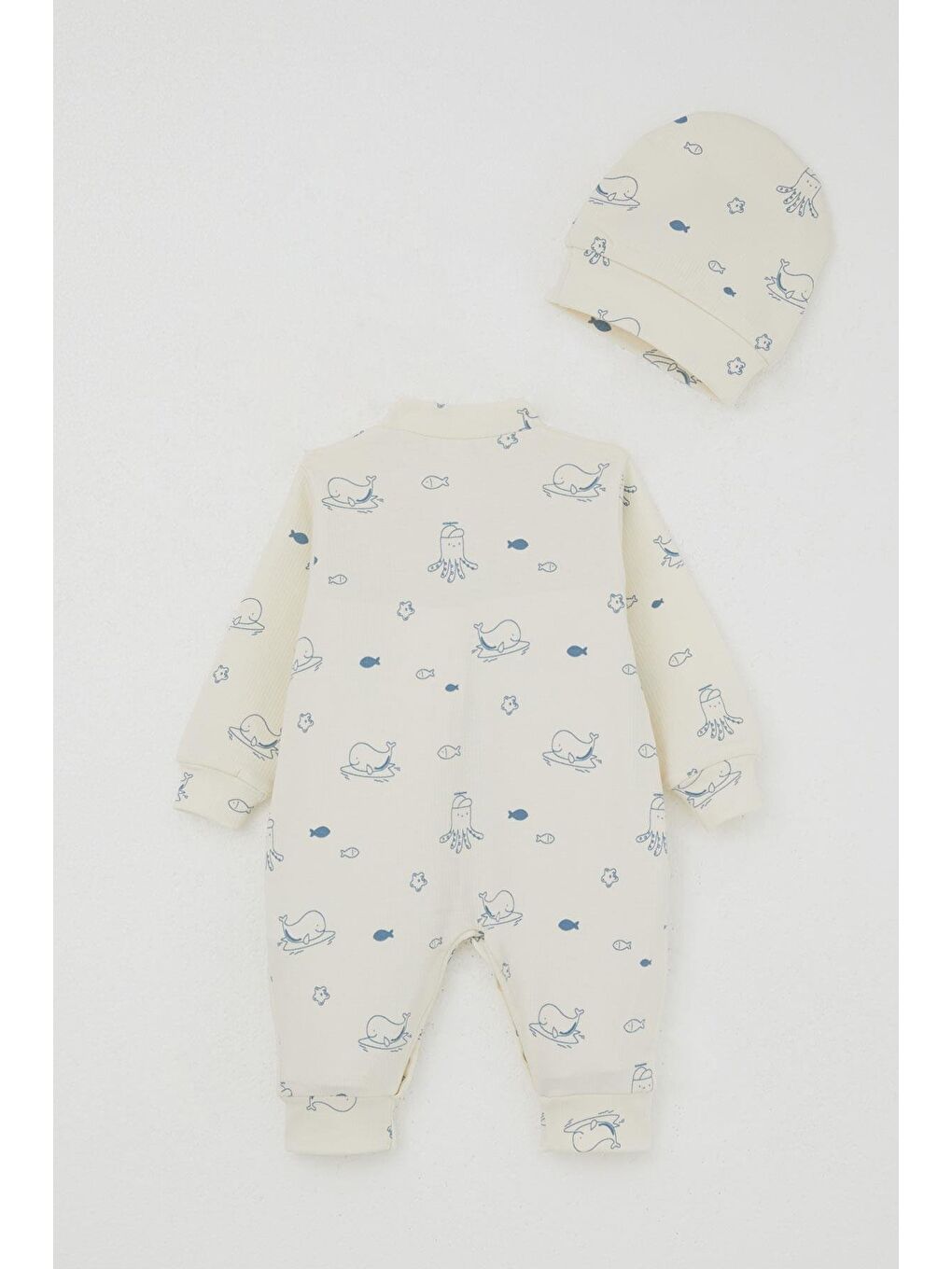 Ekru Erkek Bebek Tulum Sevimli Deniz Hayvanları Desenli Krem (0-6 Ay)-1