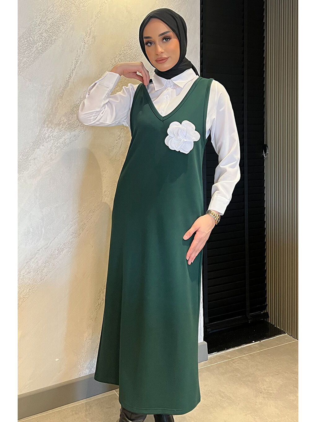 Yeşil Kadın Tesettür Gömlek Jile Kombin Elbise-3