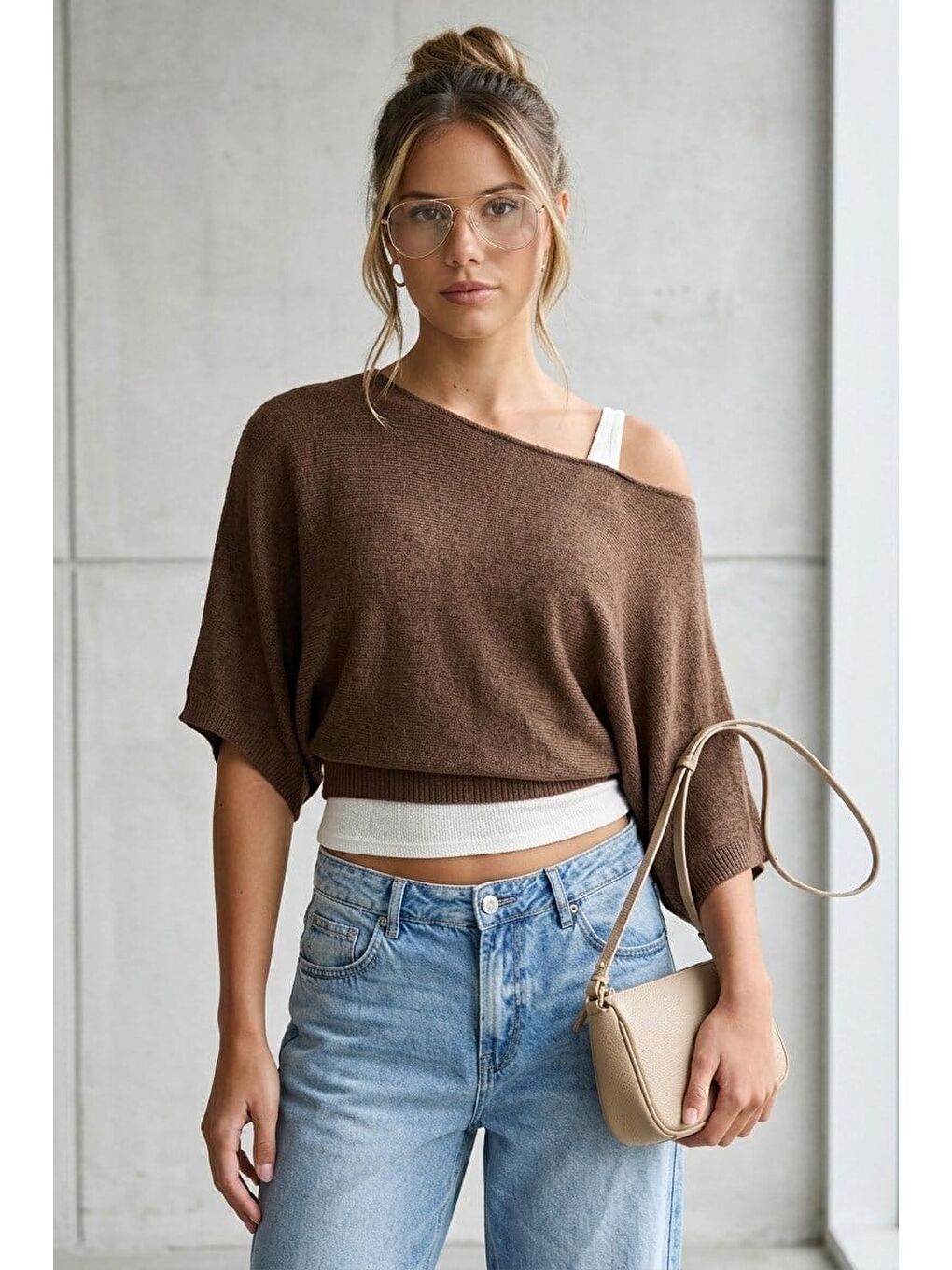 Kahverengi Geniş Yaka Çift Katlı Triko Kazak Mg2780