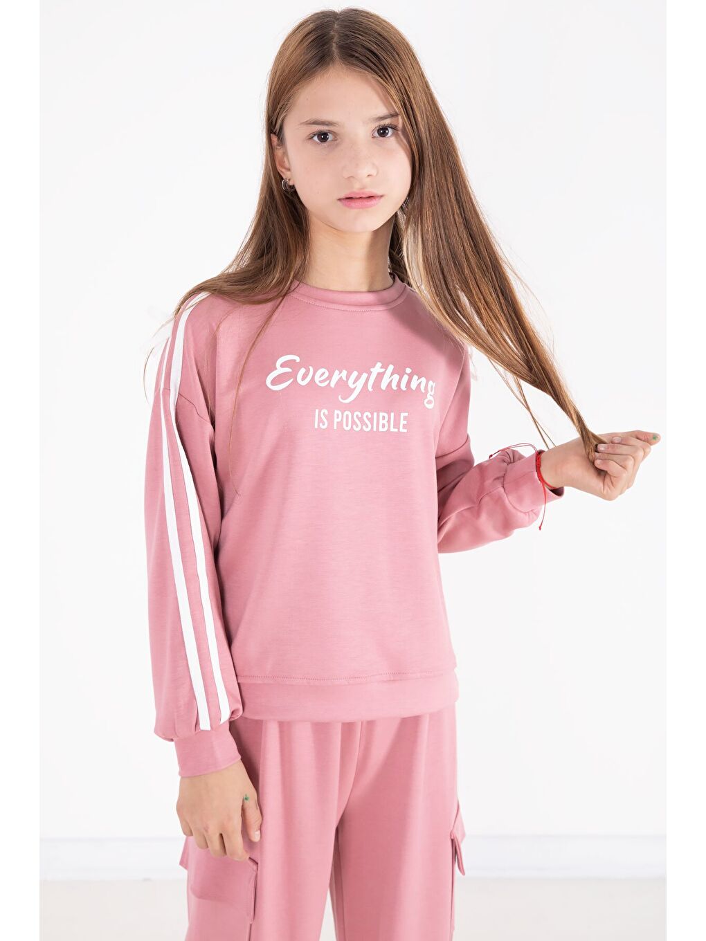 Pembe Yazı Baskılı Şeritli Kız Çocuk Alt Üst Takım 22771-1