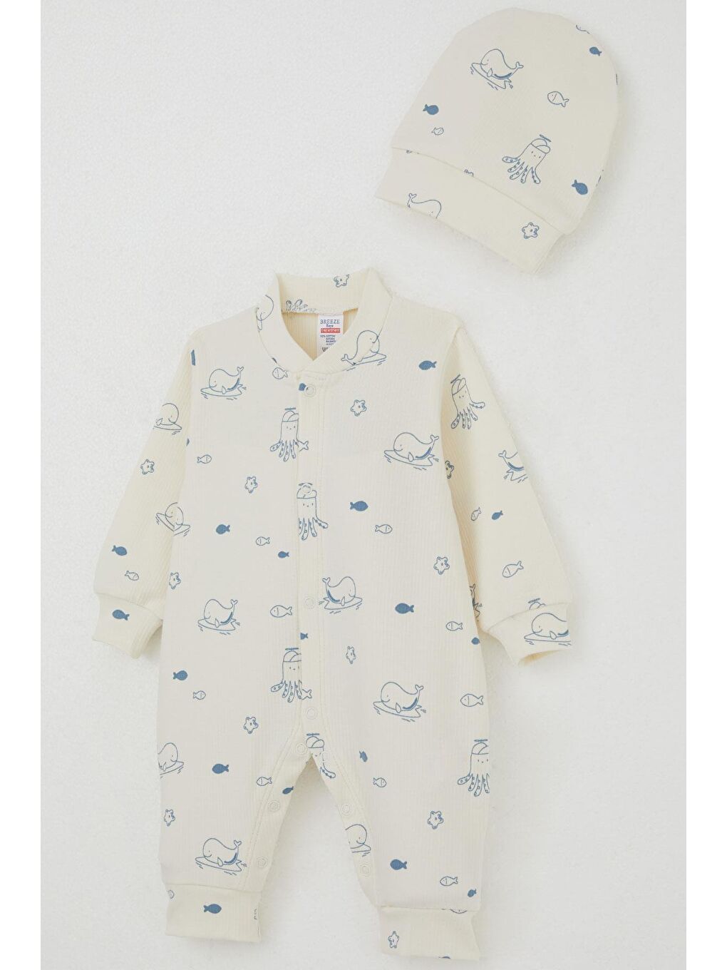 Ekru Erkek Bebek Tulum Sevimli Deniz Hayvanları Desenli Krem (0-6 Ay)-2