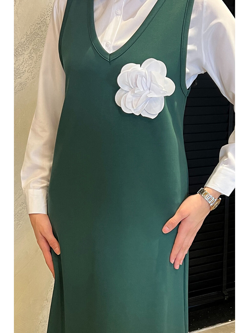 Yeşil Kadın Tesettür Gömlek Jile Kombin Elbise-4