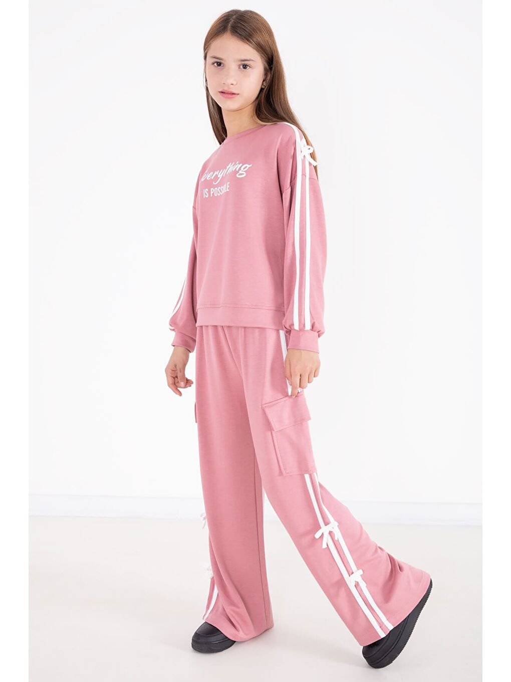 Pembe Yazı Baskılı Şeritli Kız Çocuk Alt Üst Takım 22771-2