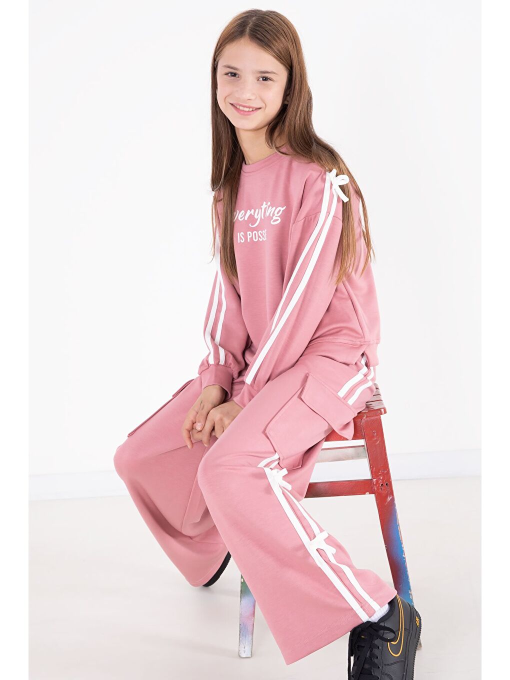 Pembe Yazı Baskılı Şeritli Kız Çocuk Alt Üst Takım 22771-4