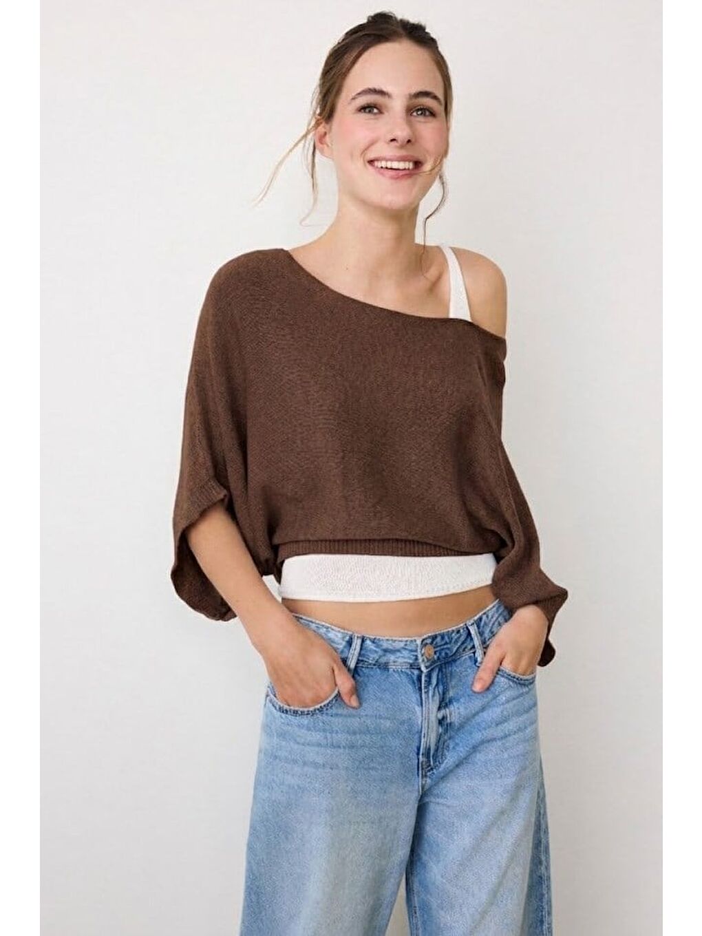 Kahverengi Geniş Yaka Çift Katlı Triko Kazak Mg2780-1