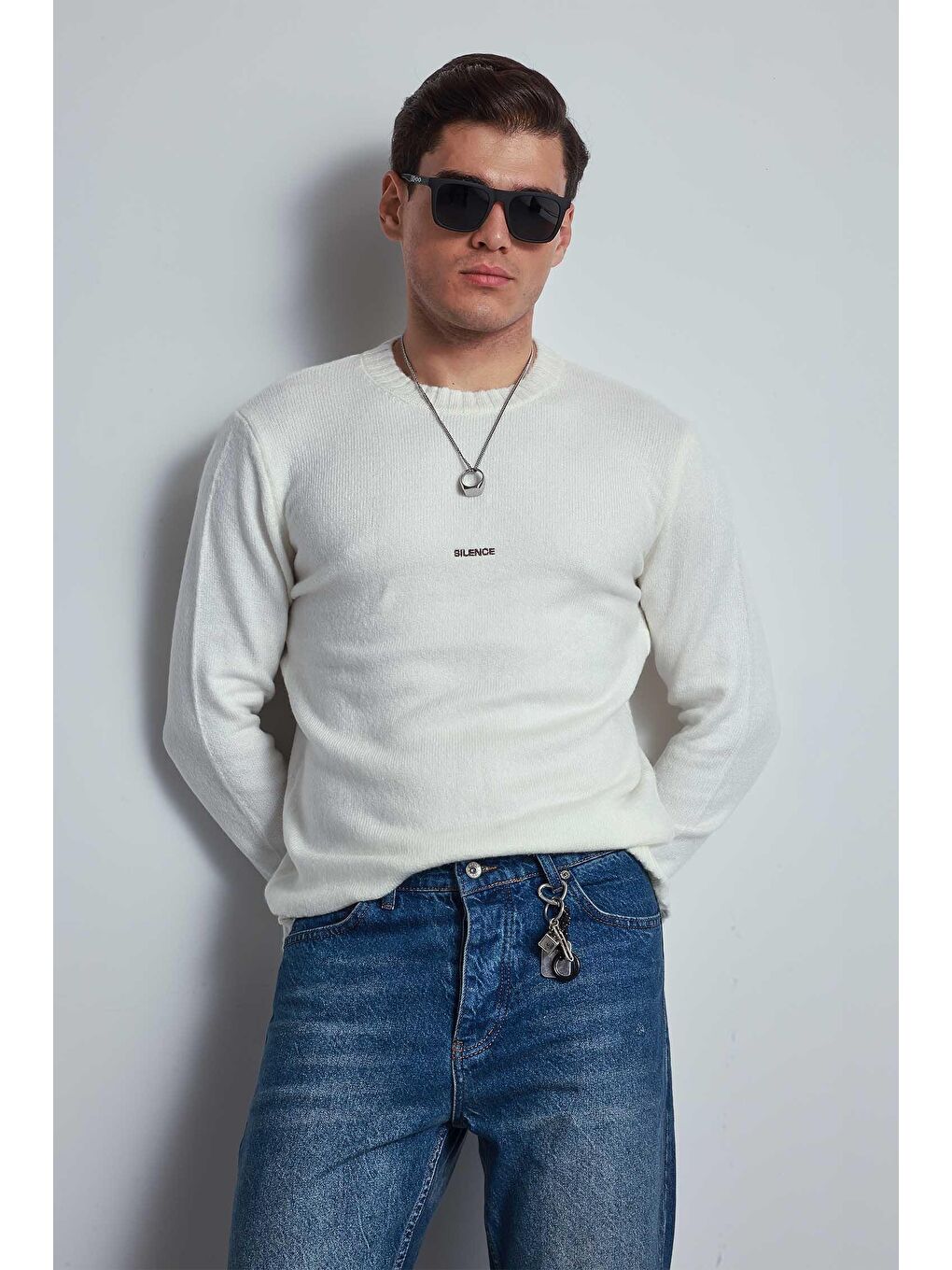 Erkek Regular Fit Bisiklet Yaka Kazak Ekru-1