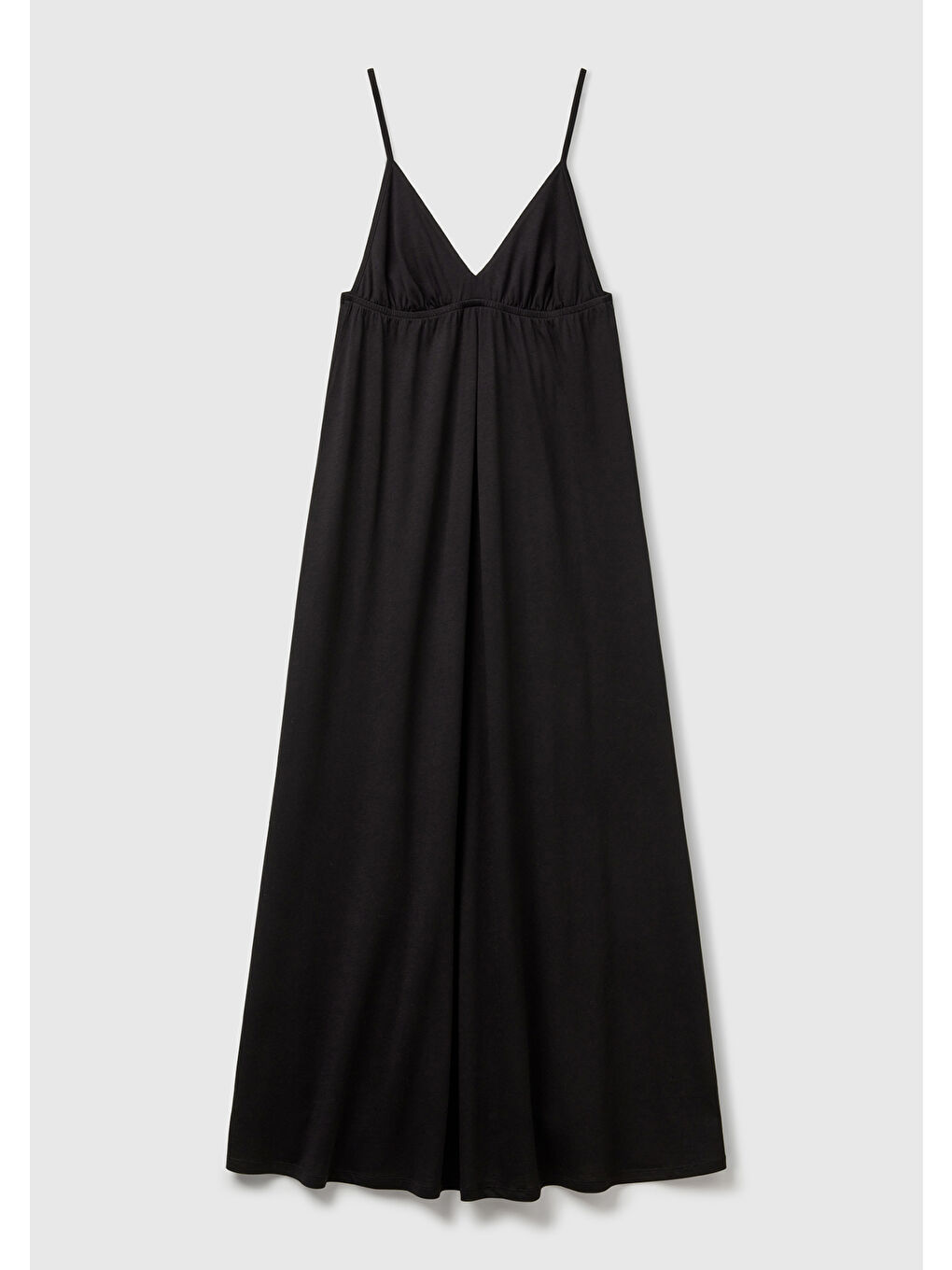 Kadın Siyah Pamuk ve Viskoz Karışımlı Pileli Askılı V Yaka Uzun Elbise-1