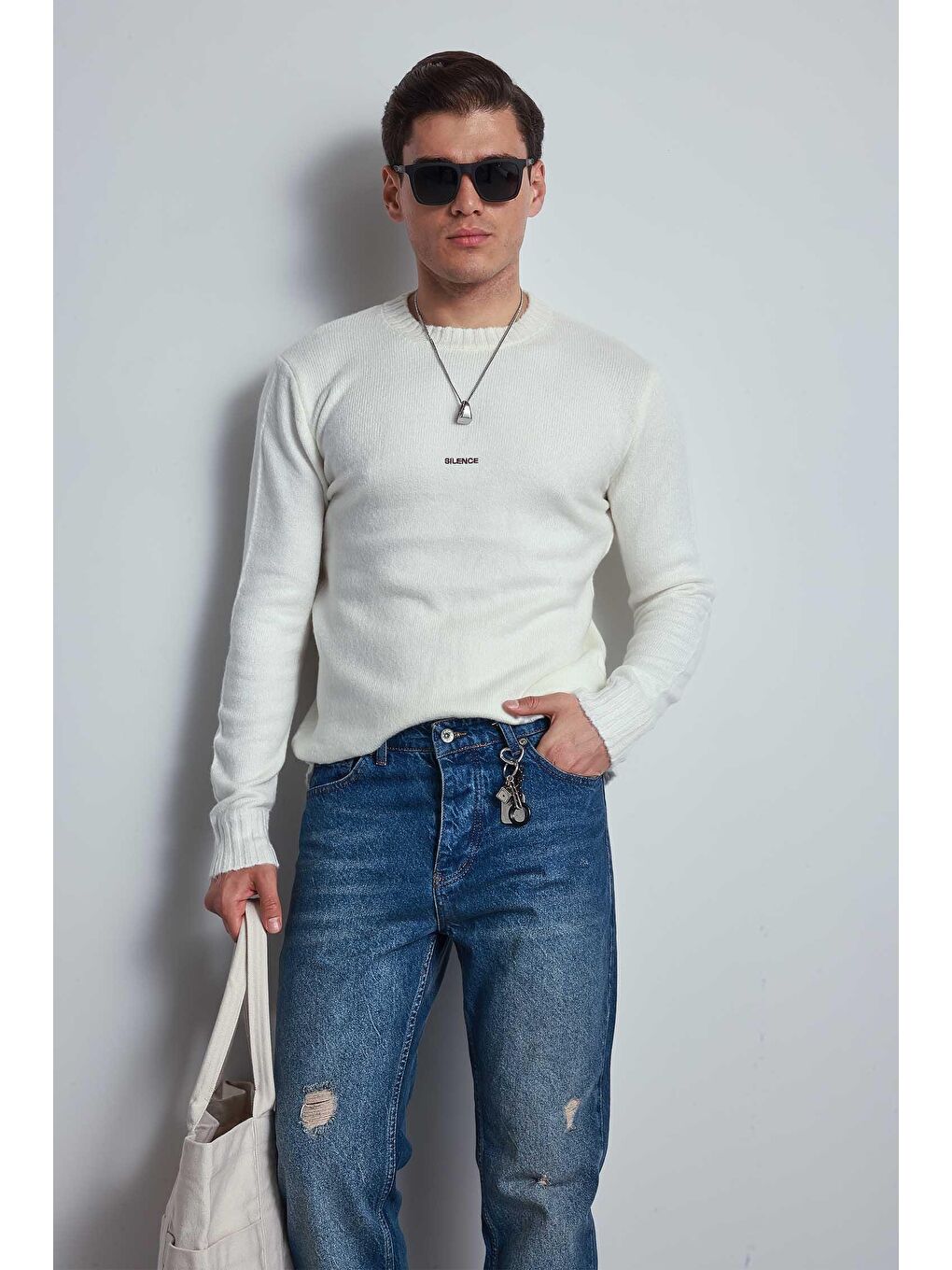 Erkek Regular Fit Bisiklet Yaka Kazak Ekru-2