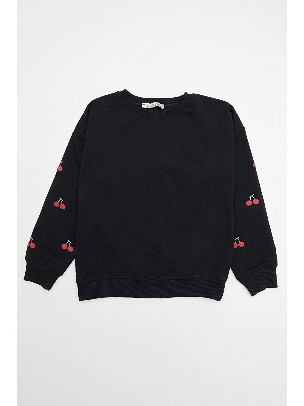 Siyah Kolları Kiraz Nakışlı Kız Çocuk Sweatshirt