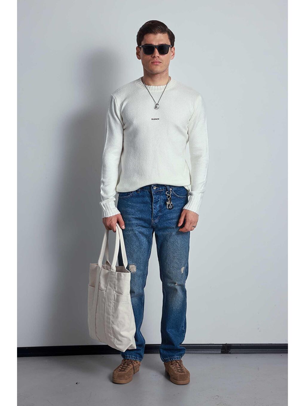 Erkek Regular Fit Bisiklet Yaka Kazak Ekru-3