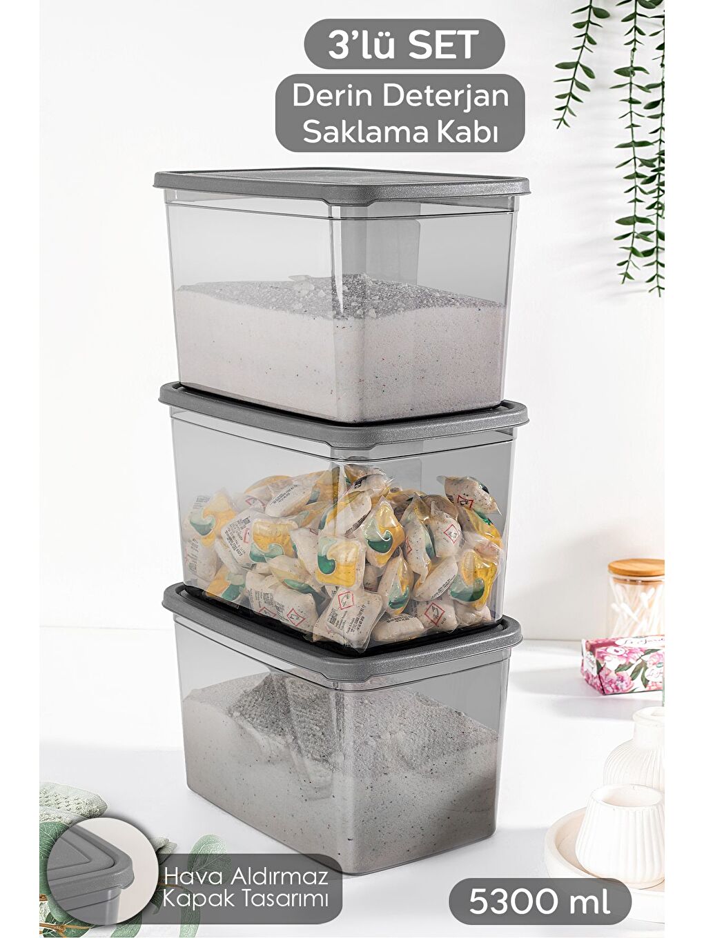3 lü Mega Boy Deterjan Saklama Kutusu   Dikdörtgen Toz Tablet Deterjan Kutusu Antrasit