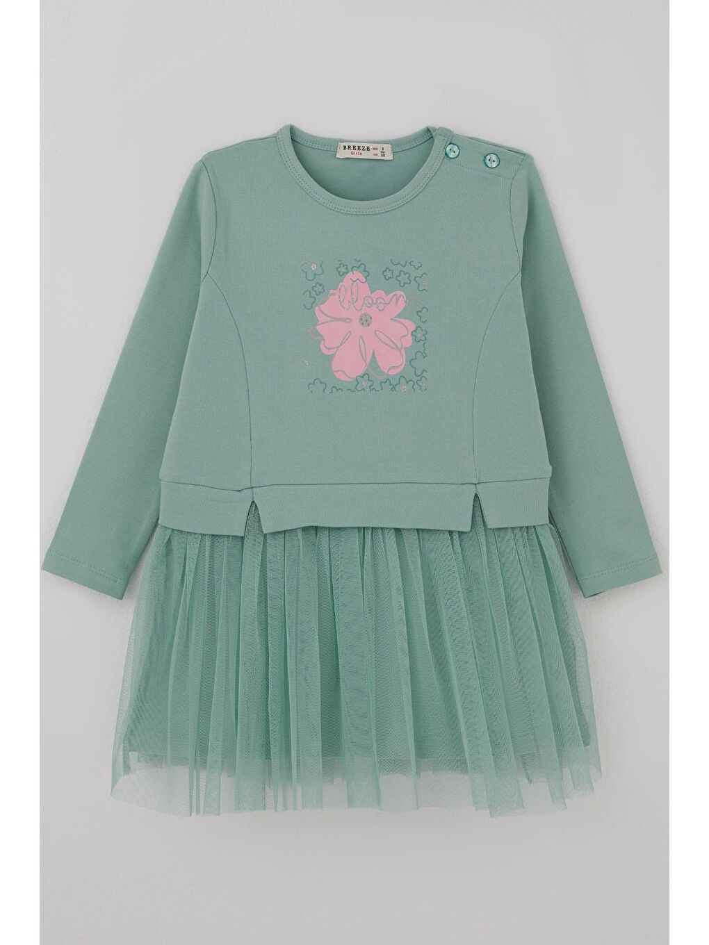 Turkuaz Kız Çocuk Uzun Kollu Elbise Çiçek Baskılı Tüllü Su Yeşili (2-6 Yaş)