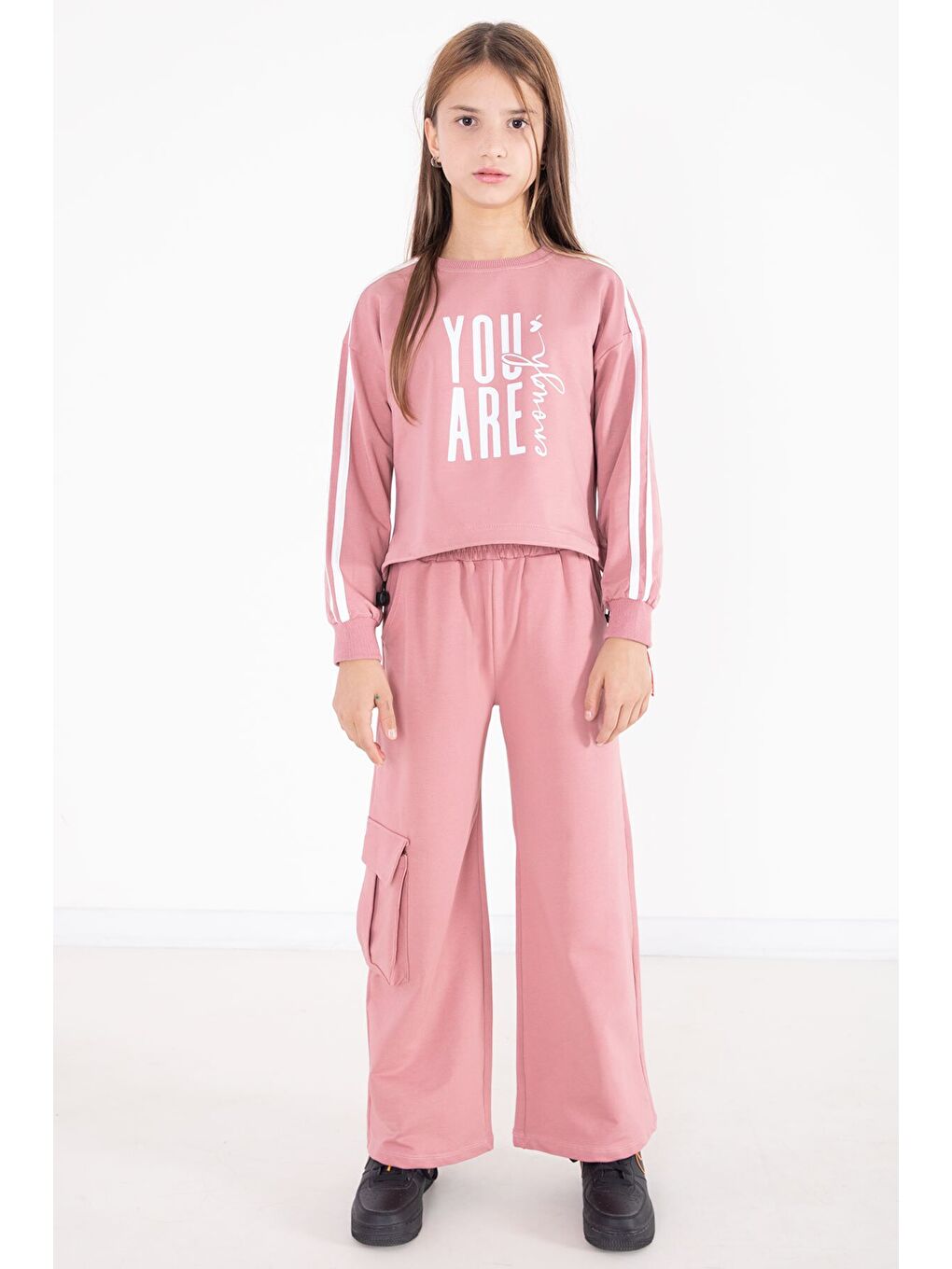 Pembe Yazı Baskılı Kargo Cep Detaylı Kız Çocuk Takım 22776-2