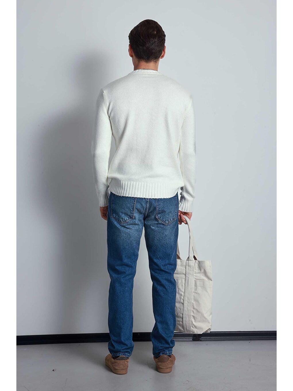 Erkek Regular Fit Bisiklet Yaka Kazak Ekru-4