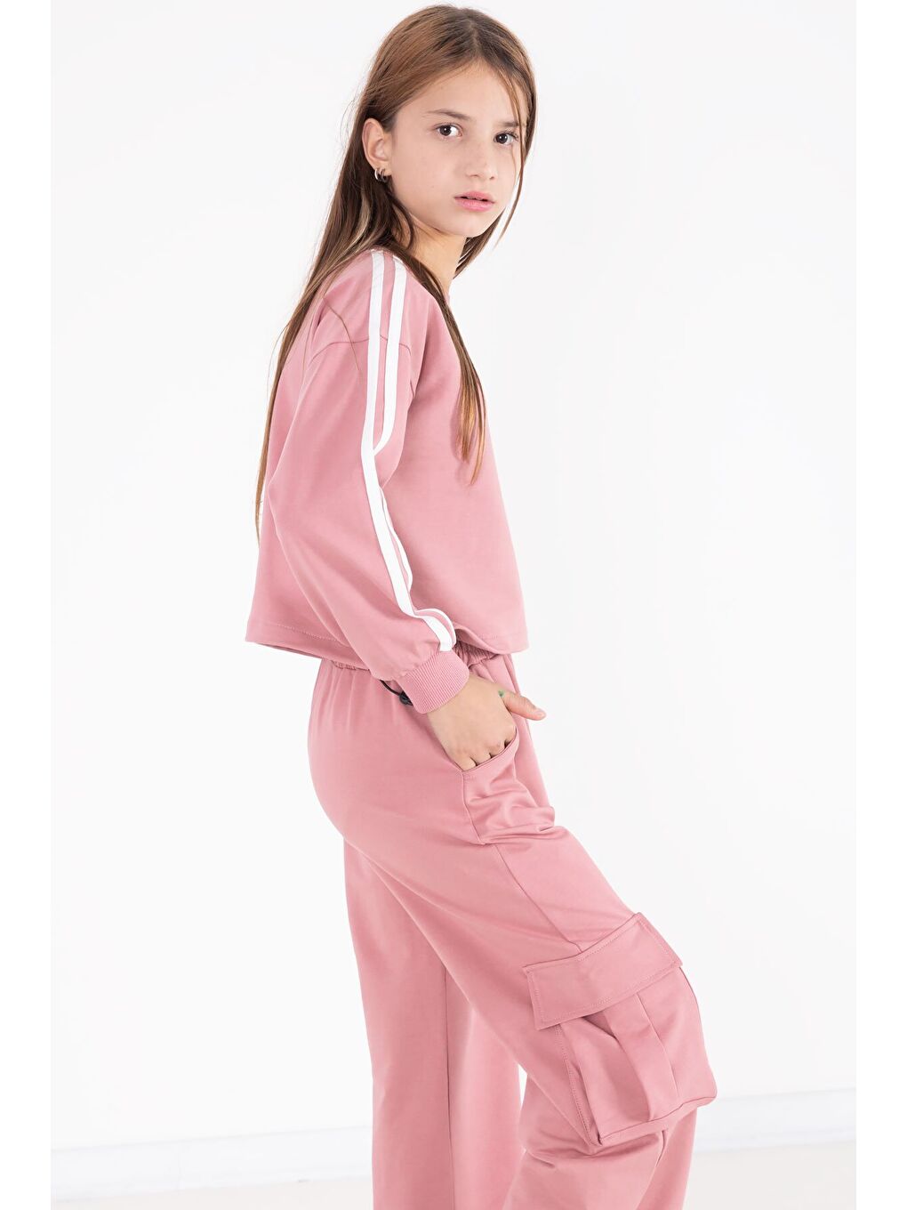 Pembe Yazı Baskılı Kargo Cep Detaylı Kız Çocuk Takım 22776-3