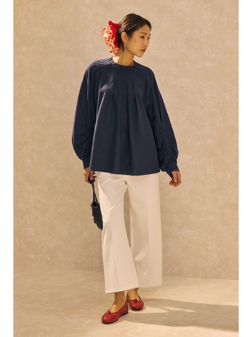 Kol Büzgülü Pamuk Keten Tunik Gece Mavisi