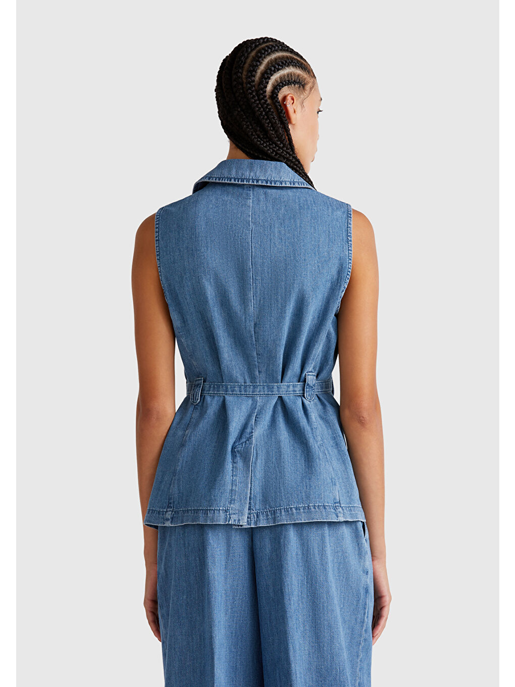 Kadın Açık Mavi Kenevir Karışımlı Belden Bağlamalı Yelek-2