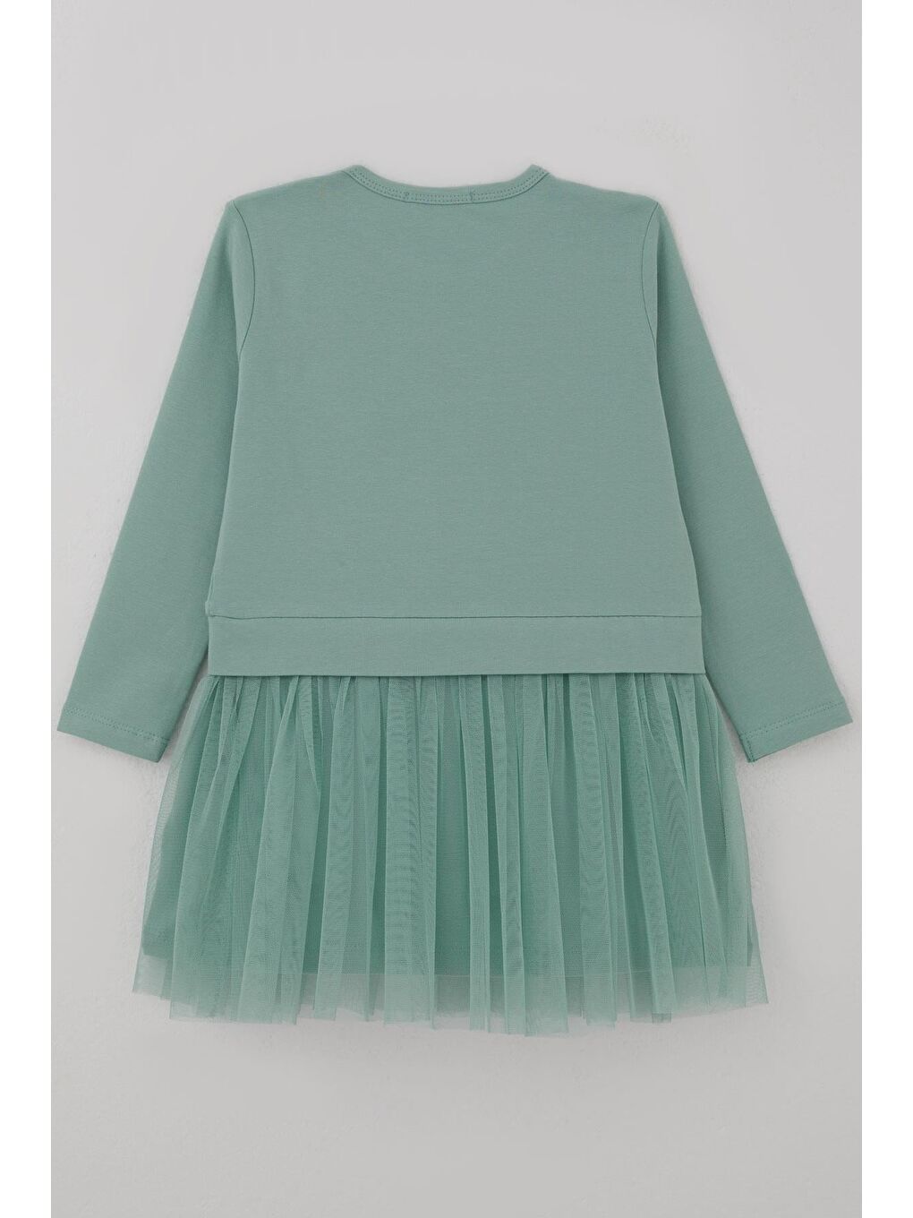 Turkuaz Kız Çocuk Uzun Kollu Elbise Çiçek Baskılı Tüllü Su Yeşili (2-6 Yaş)-1