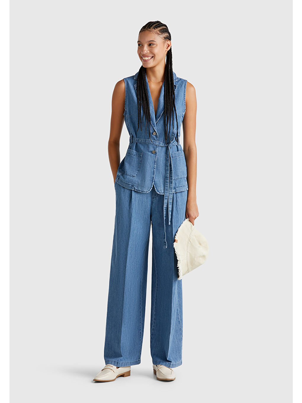 Kadın Açık Mavi Kenevir Karışımlı Belden Bağlamalı Yelek-4