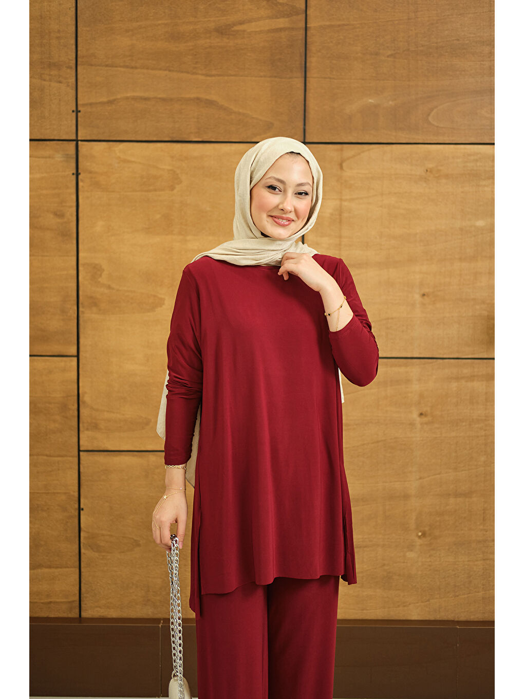 Kadın Yanları Yırtmaç Detay İkili Takım Bordo-1