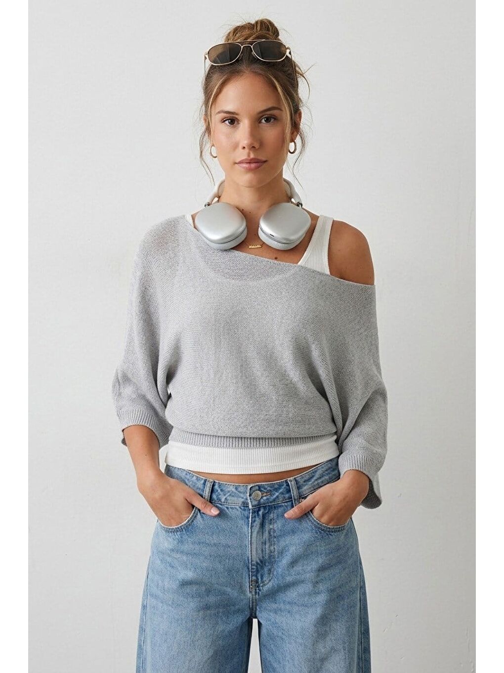 Gri Geniş Yaka Çift Katlı Triko Kazak Mg2780