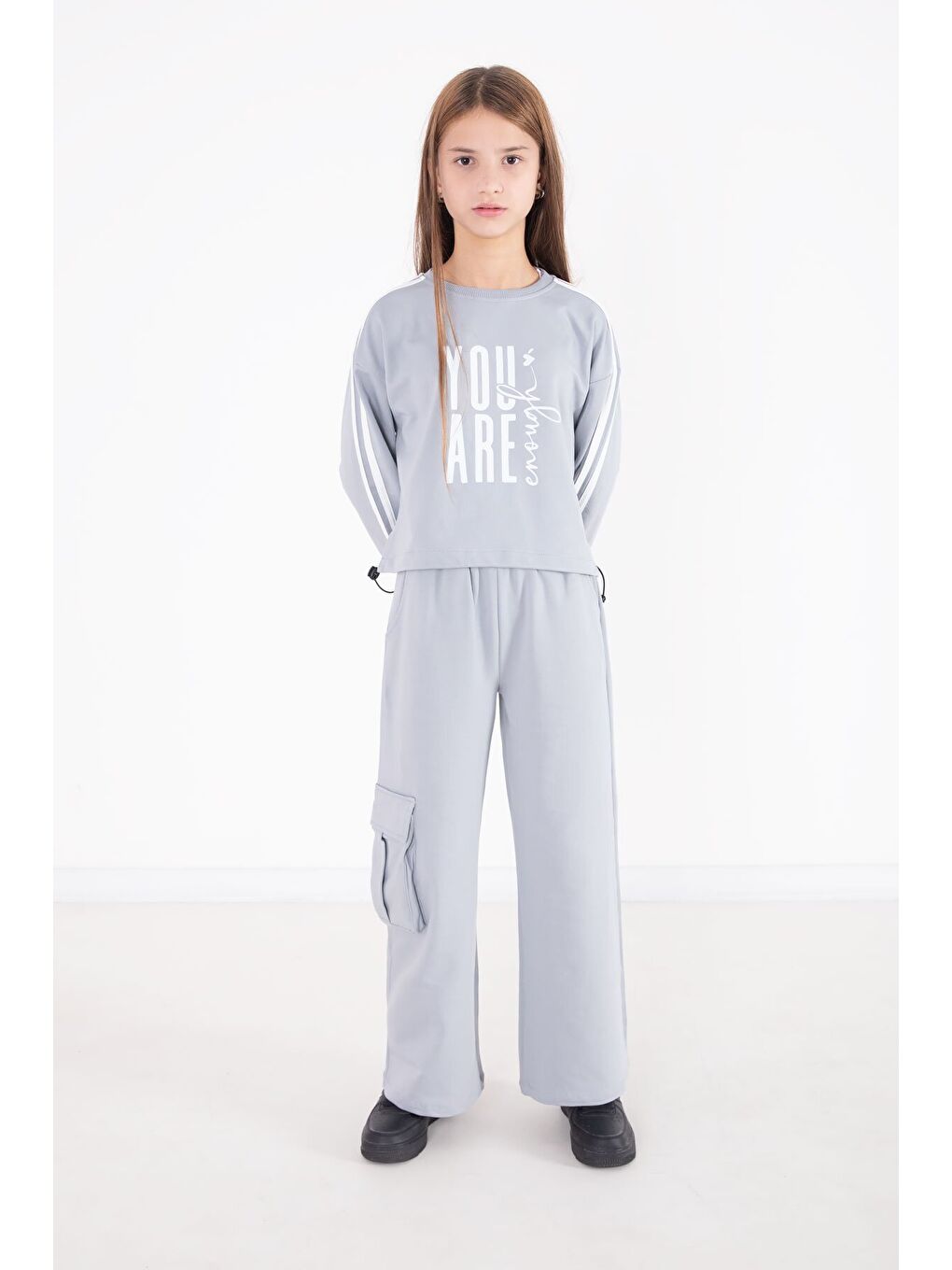 Gri Yazı Baskılı Kargo Cep Detaylı Kız Çocuk Takım 22777-2