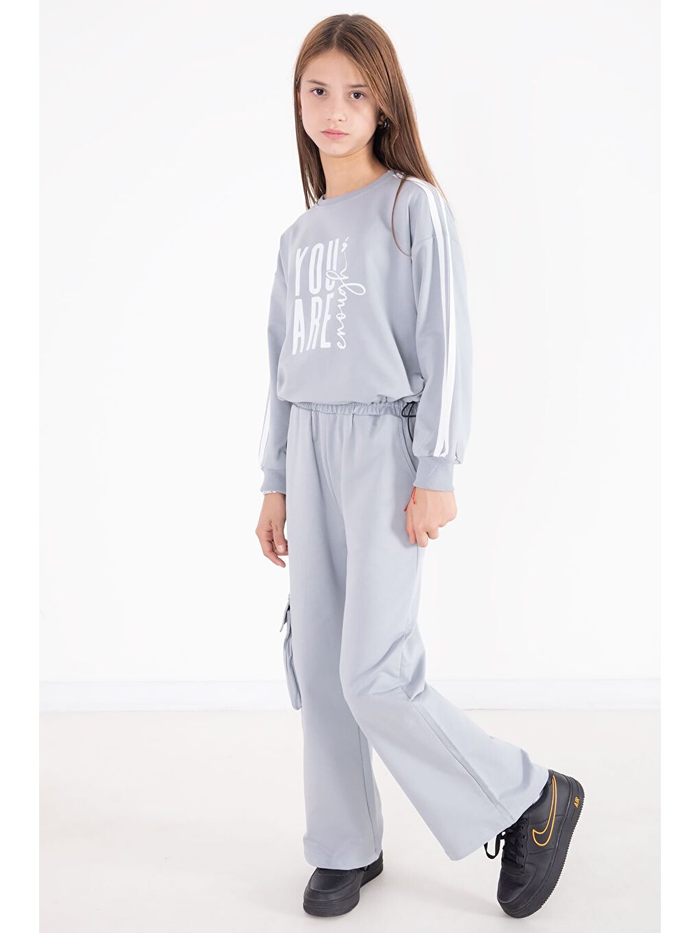 Gri Yazı Baskılı Kargo Cep Detaylı Kız Çocuk Takım 22777-3